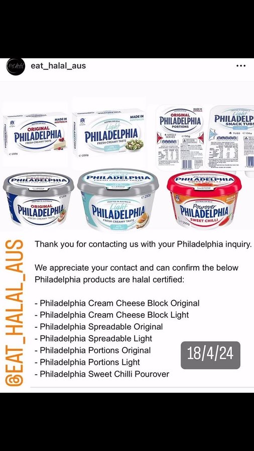 Instagram post by @eat_halal_aus for Philadelphia. Caption reads: @phillyaus halal certified list 
Confirmed via....