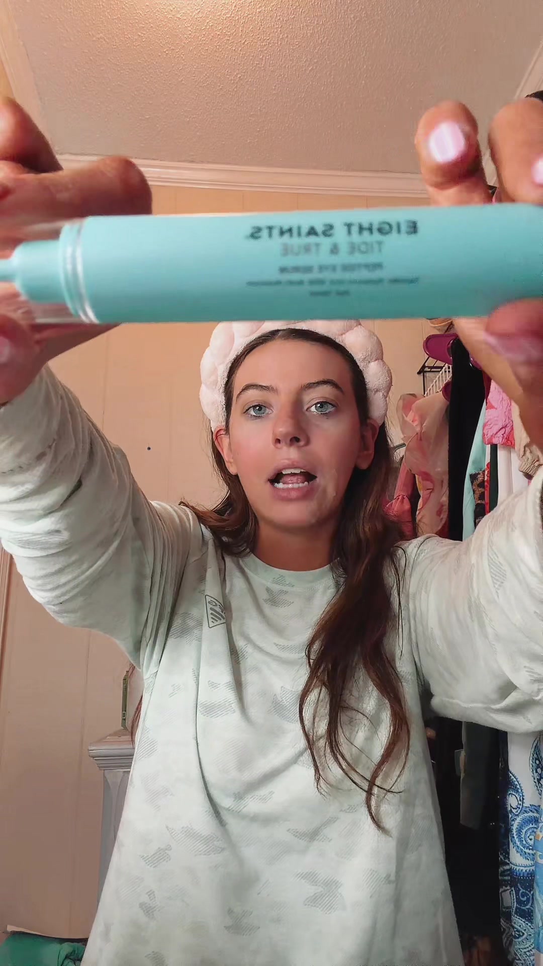TikTok post by @sarahmackenziedavis for Eight Saints Skincare. Caption reads: [...] eyebags?? you need!!! #eyebags....