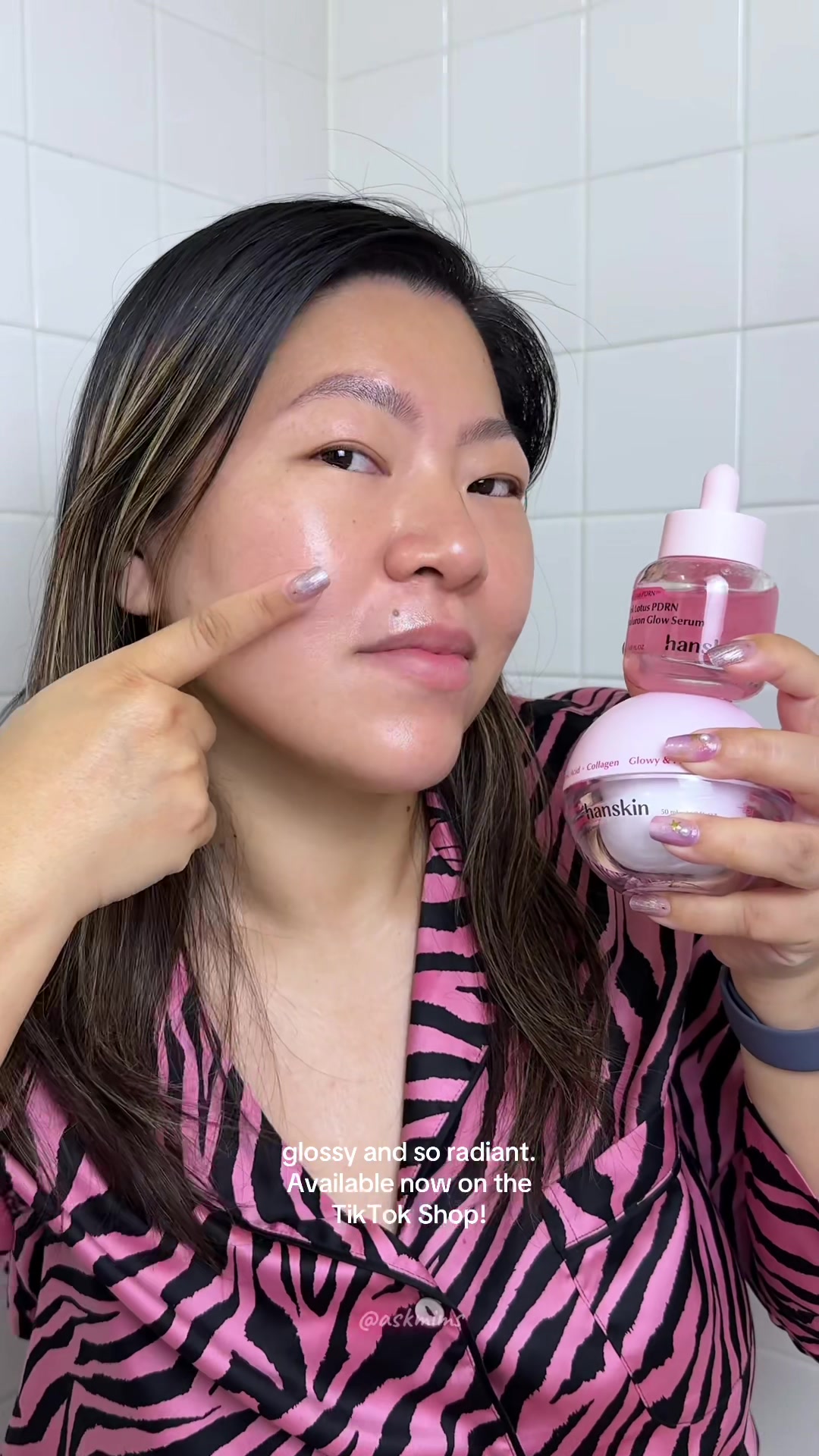 TikTok post by @askmims for Hanskin Skincare. Caption reads: My secret to that glassy, bouncy glow ✨💗 🛒 Tap....