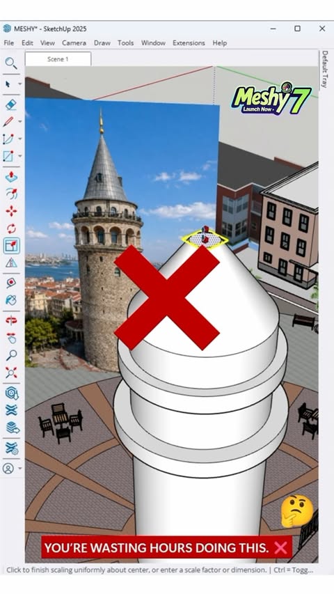 Instagram post by @sketchup_can for Meshy. Caption reads: From image to 3D with Meshy 7. 🚀 Turn a single....