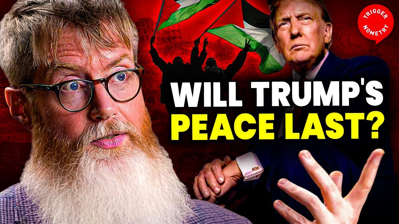 YouTube post by @triggerpod for hims. Caption reads: The Untold Story of the Gaza Ceasefire - Thomas....