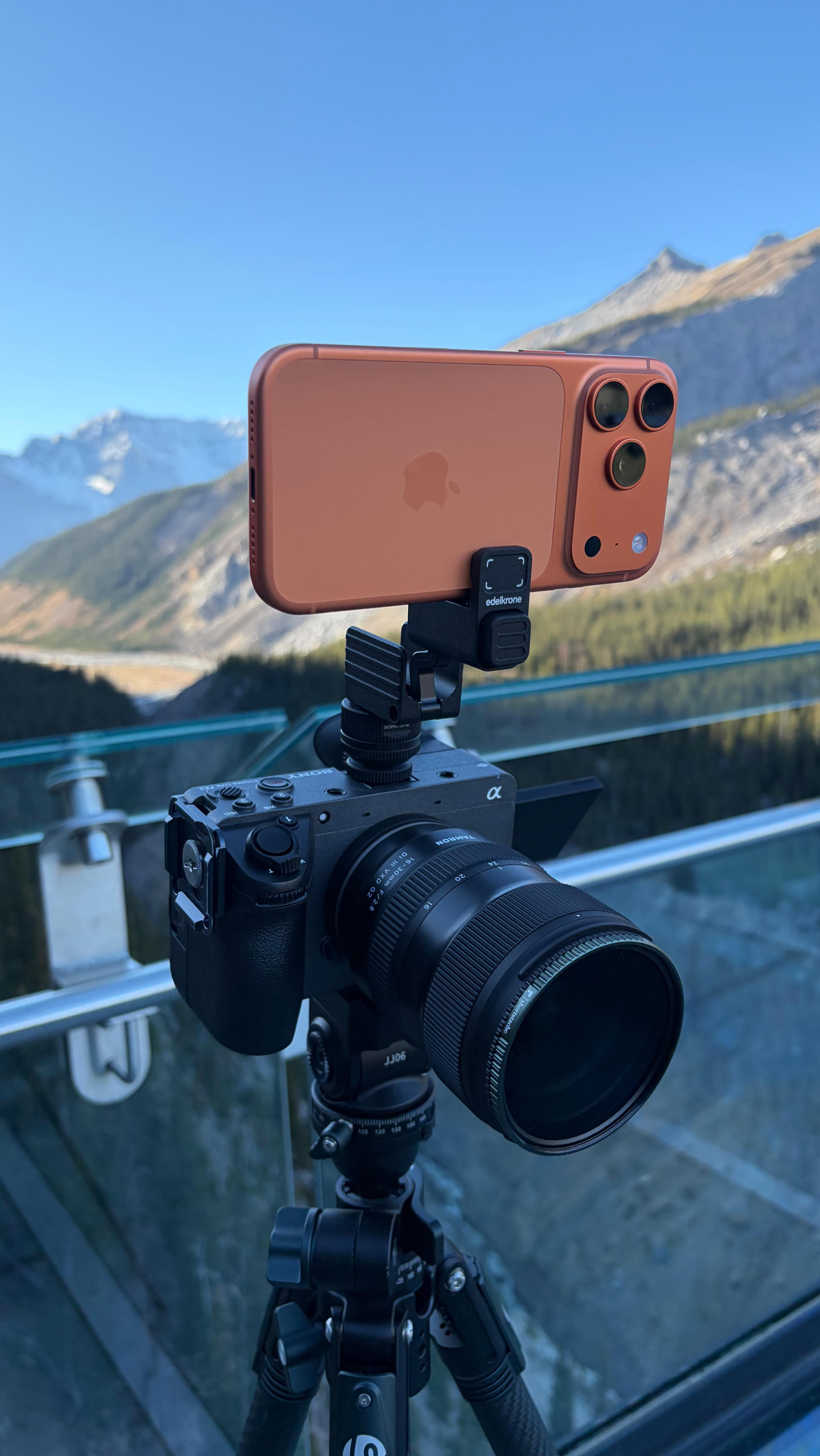 Instagram post by @sidneydiongzon for Edelkrone. Caption reads: [...] phone mount for the iPhone 17 Pro from....