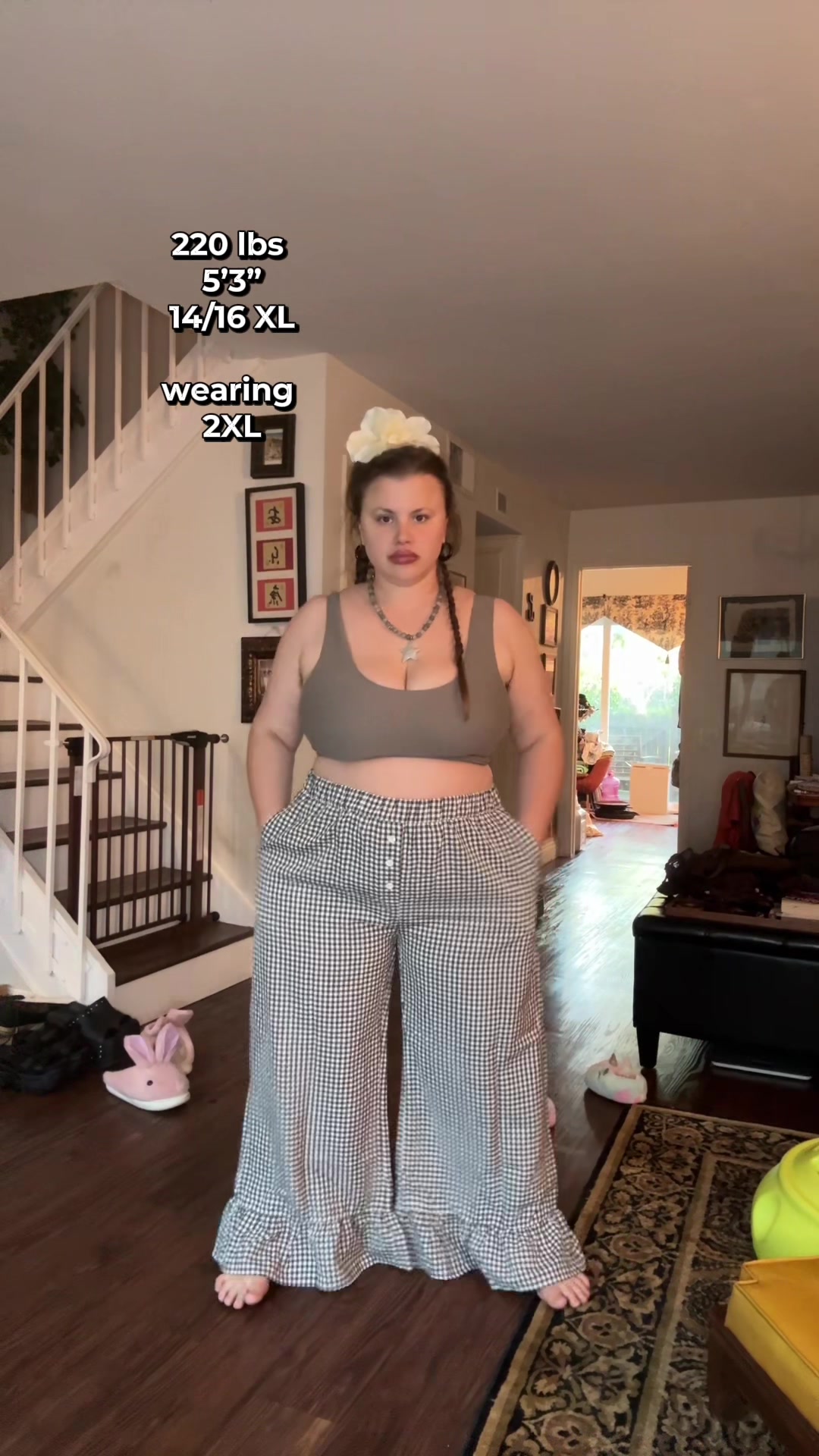 TikTok post by @chunky.cherub for UEU. Caption reads: @UEU sent me the 2XL in these gingham ruffle [...].