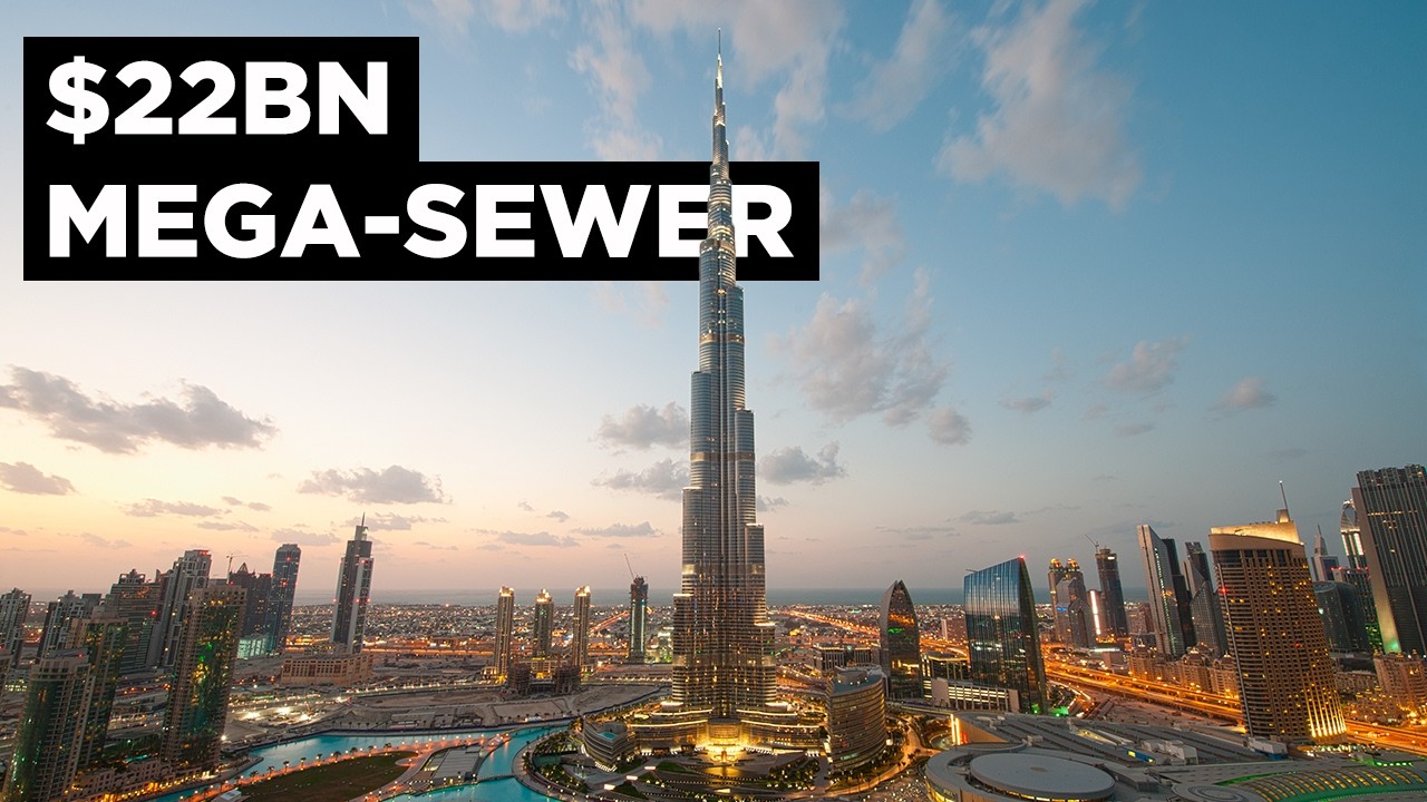 YouTube post by @TheB1M for Brilliant.org. Caption reads: Dubai Has a Sewage Problem.