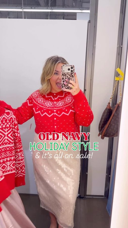 Instagram post by @oliviamaybell for Old Navy. Caption reads: 🤍say “323” to shop! 🤍 Holiday styles all on....