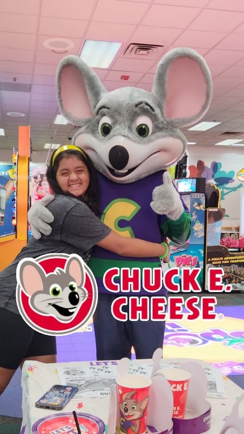Instagram post by @therainbowfamilyfun for Chuck E. Cheese. Caption reads: Spot It! just got a BIG upgrade at Chuck E.....