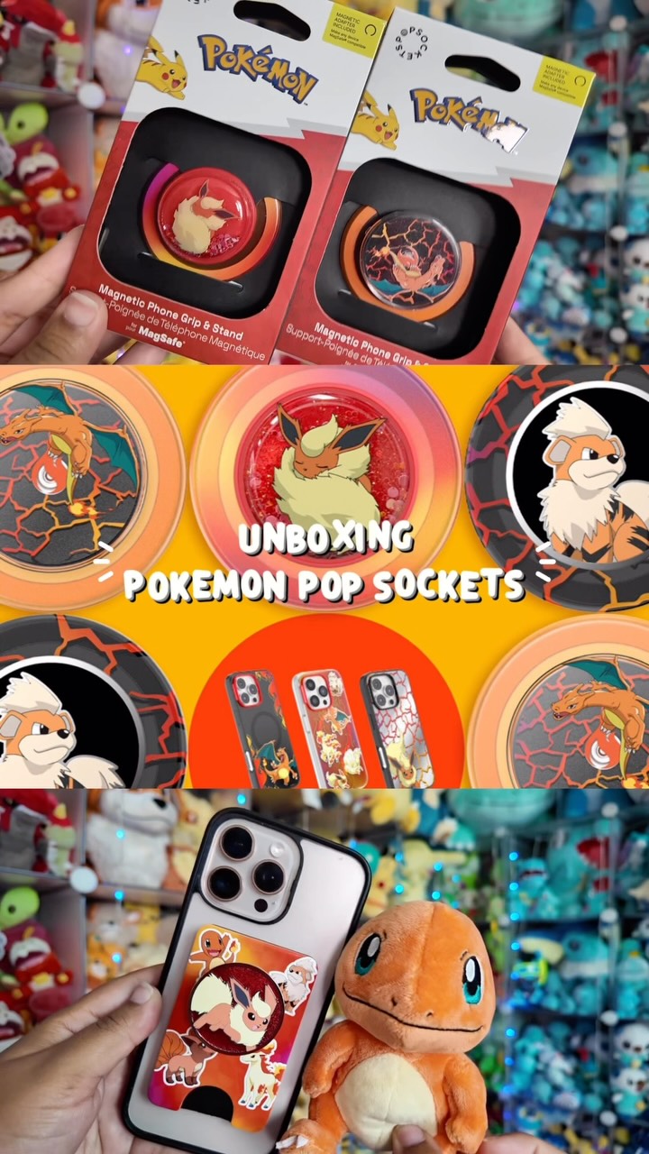 Instagram post by @curlyswirlymaria for PopSockets. Caption reads: Ahh these brand new fire-type Pokemon Pop Sockets....