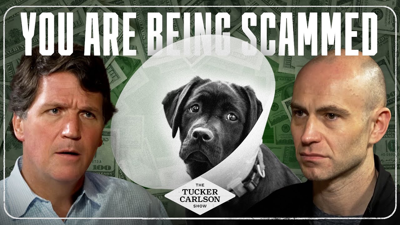 YouTube post by @TuckerCarlson for MASA Chips. Caption reads: The Private Equity Veterinary Scam Making You....