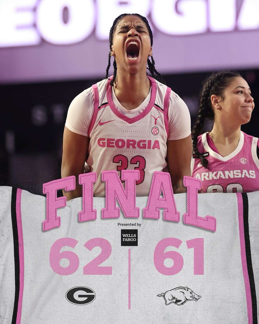 Instagram post by @uga_wbb for Wells Fargo. Caption reads: On Sundays we win in pink🩷 #Play4Kay

#GoDawgs |....