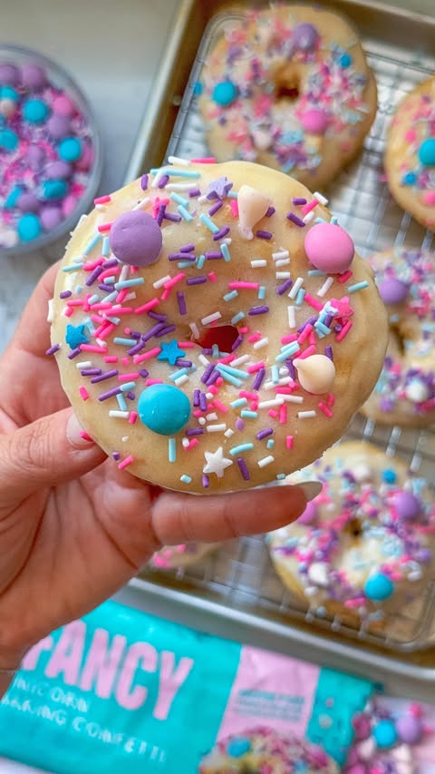 Instagram post by @charcuterie_n_things for Fancy Sprinkles. Caption reads: Three-ingredient glazed donuts with....