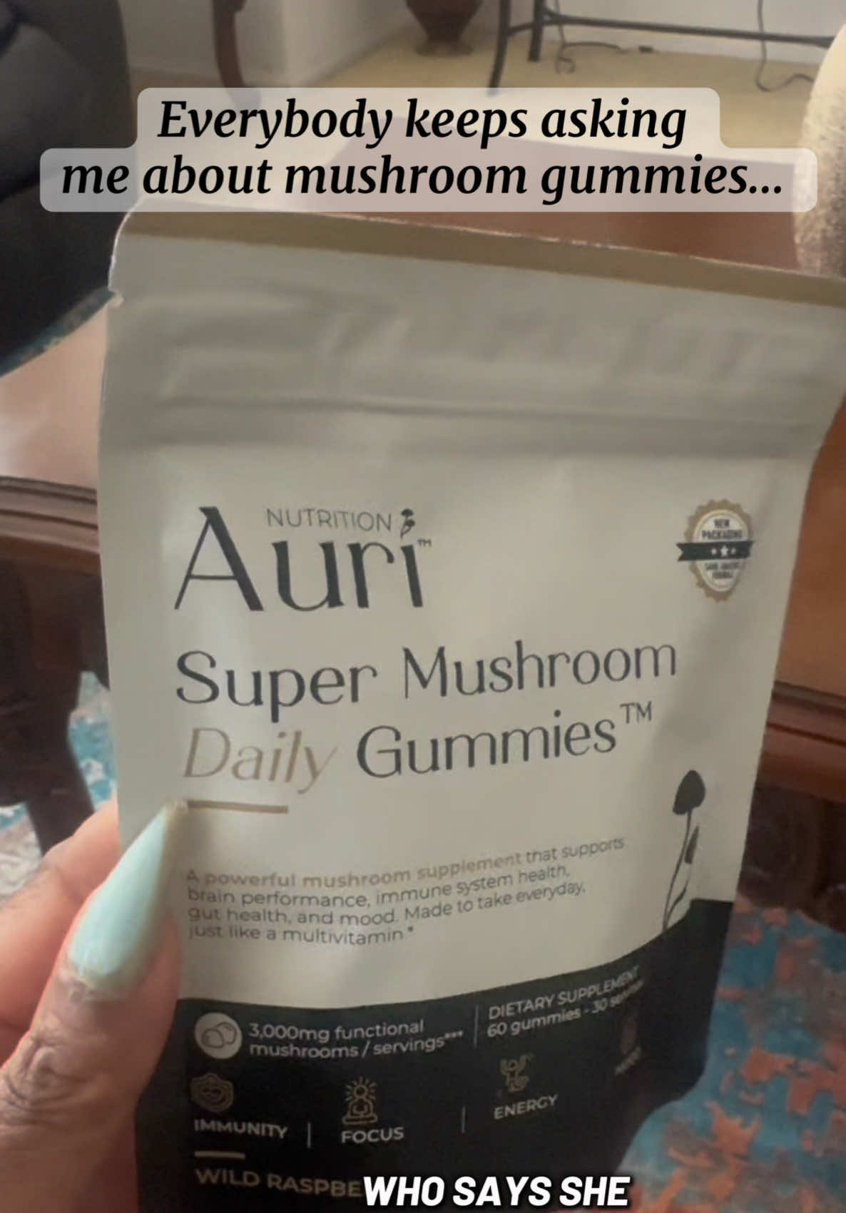 TikTok post by @regalascendant for Auri Nutrition. Caption reads: [...] #mushroomgummies #wellnessjourney @Auri....