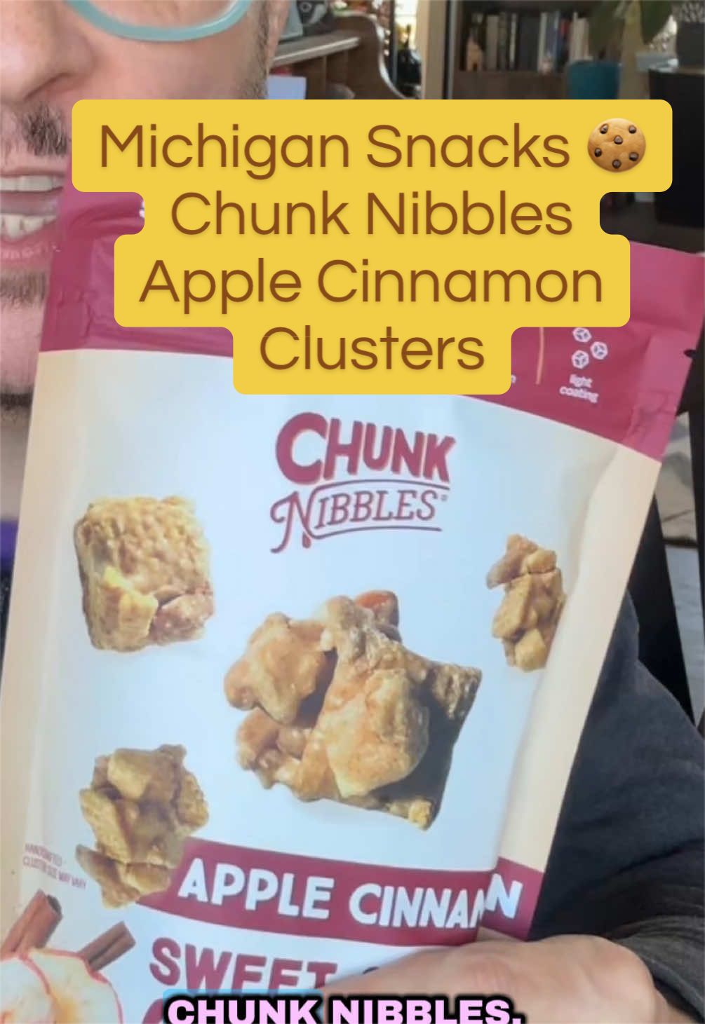 TikTok post by @chalupachelano for Chunk Nibbles. Caption reads: [...] #puremichigan #fyp #snackreview @Chunk....
