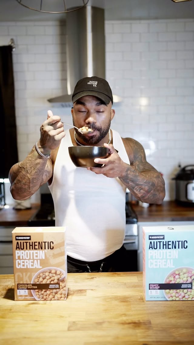 Instagram post by @antwanrarcus for Jacked Factory. Caption reads: [...] and protein that’s a dynamic duo.....