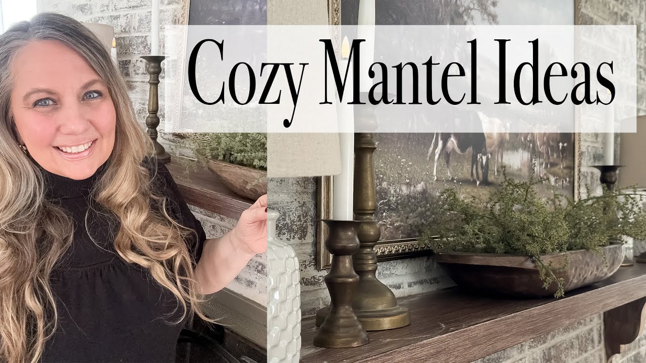 YouTube post by @MotherThyme for ShopFlavCity. Caption reads: Cozy Cottage Mantel Styling | Warm Neutrals,....