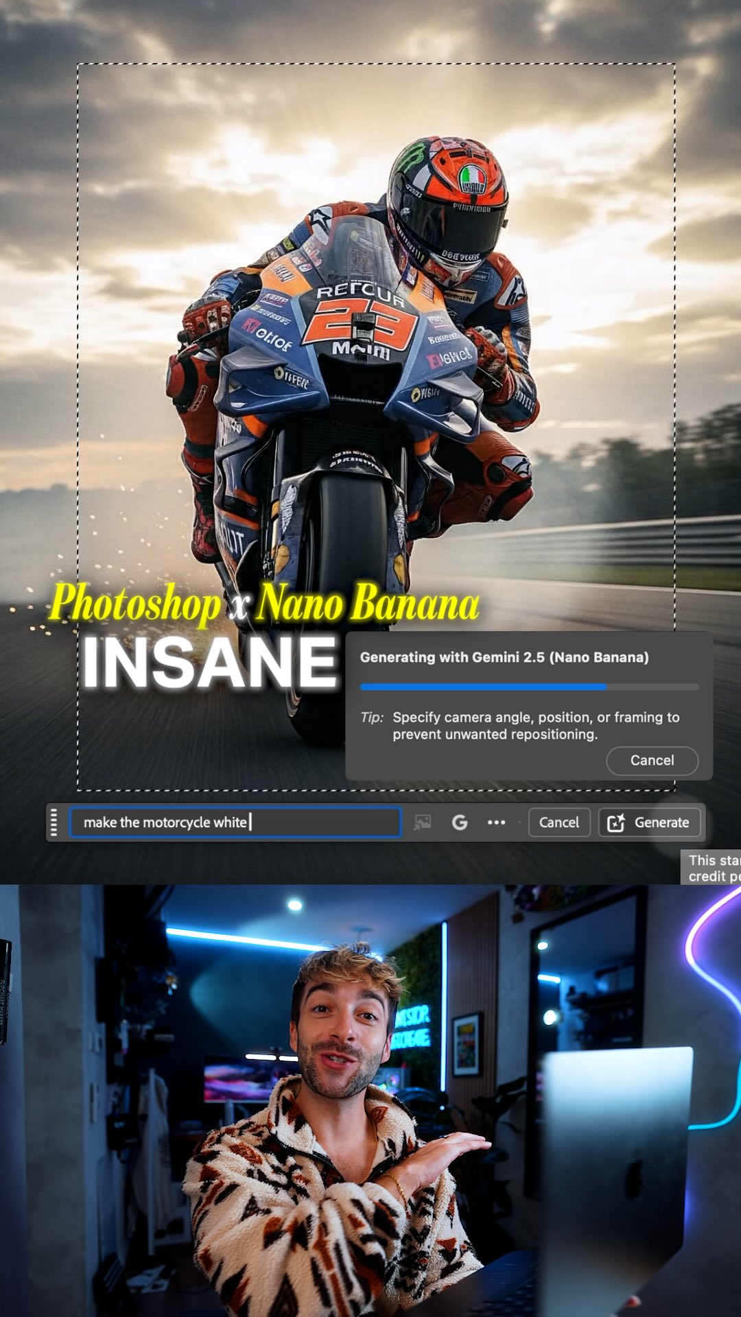 Instagram post by @sebastienjefferies for Adobe Photoshop. Caption reads: 🚨 Wow! @photoshop x Nano Banana is....