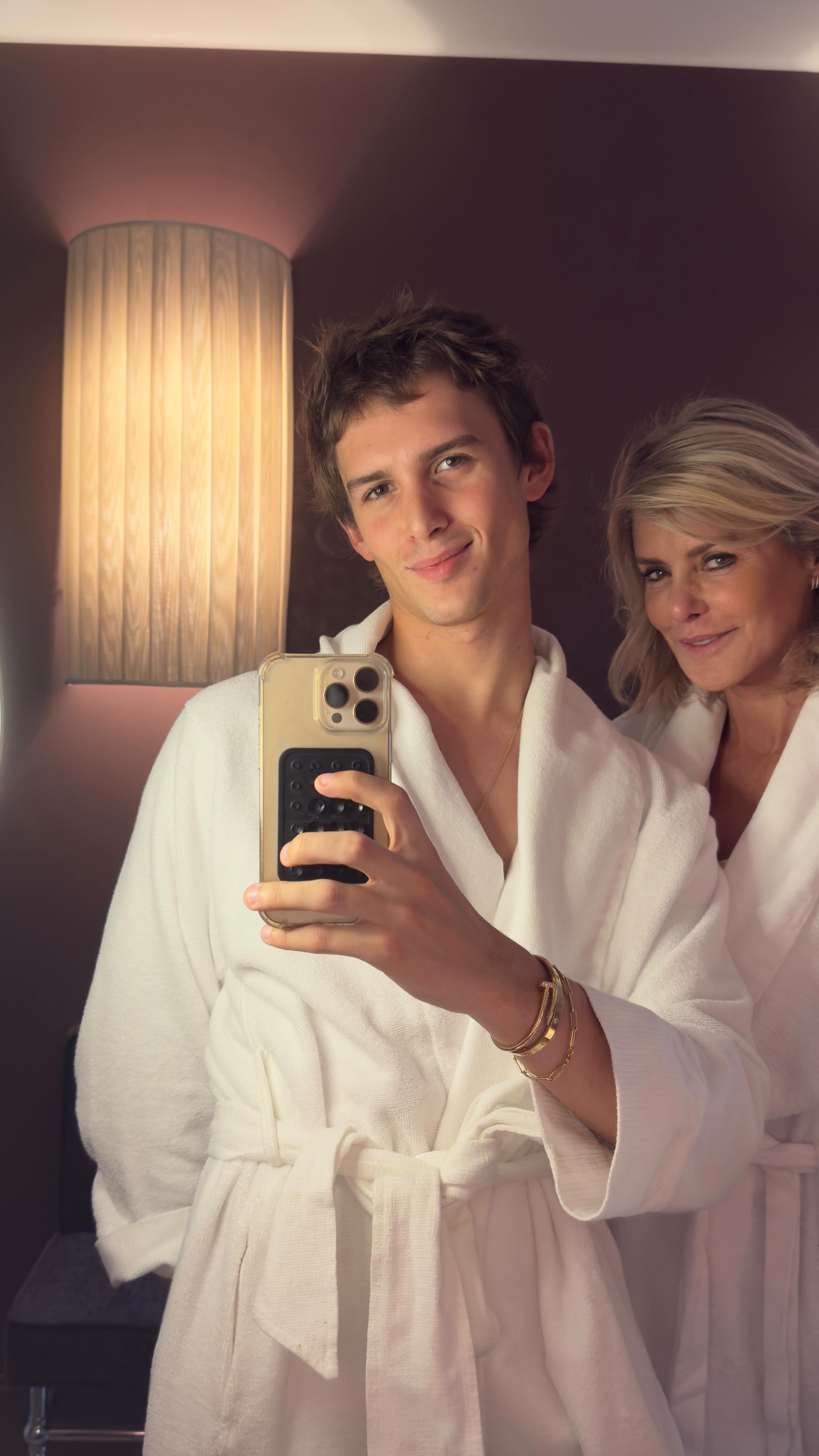 Instagram post by @ilsedemeulemeester for ISDIN. Caption reads: Mother and son skincare date with @isdinbelgium :)....