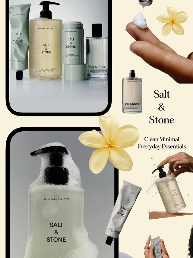Instagram post by @sofy.zho for SALT & STONE. Caption reads: Salt & Stone feels like the definition of clean,....