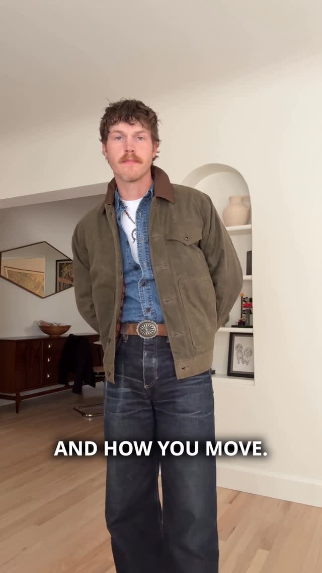 Instagram post by @cowboycrust for Bespoke Post. Caption reads: What’s so great about waxed jackets is that they....