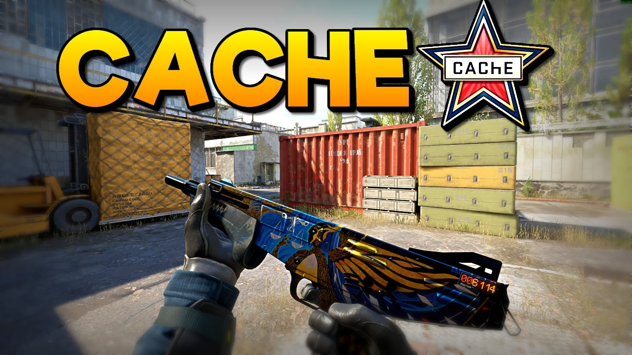 YouTube post by @Fir3z for CSGO-SKINS.COM. Caption reads: Playing the NEW CACHE!!!! 😲😲😲😲.