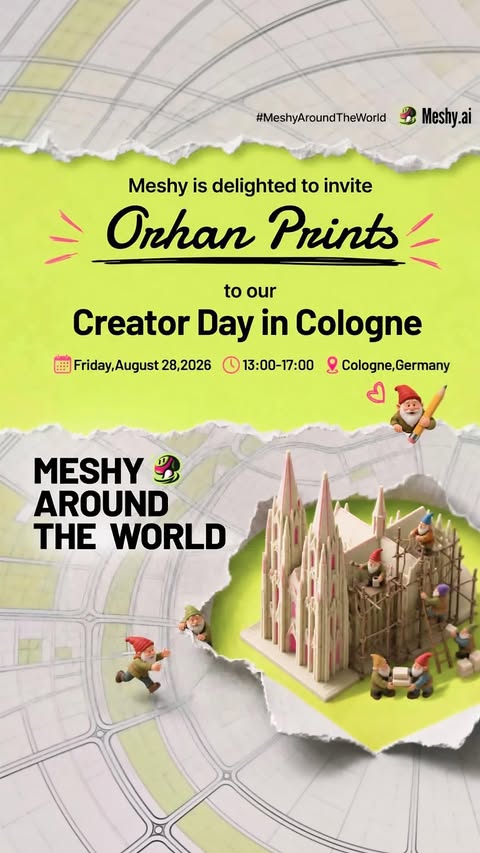 Instagram post by @orhan.prints for Meshy. Caption reads: Recap of the @meshy.ai Creator Event in Cologne!....