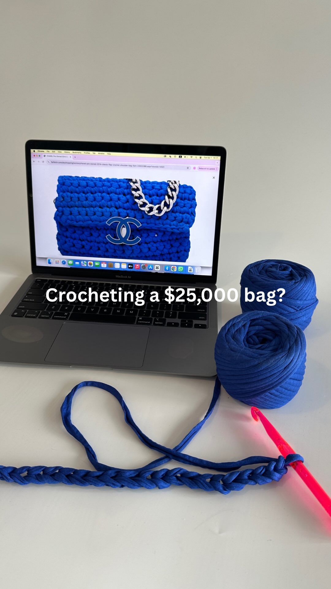 Instagram post by @bygalk for FARFETCH. Caption reads: Watch me crochet a $25,000 chanel bag… for way....