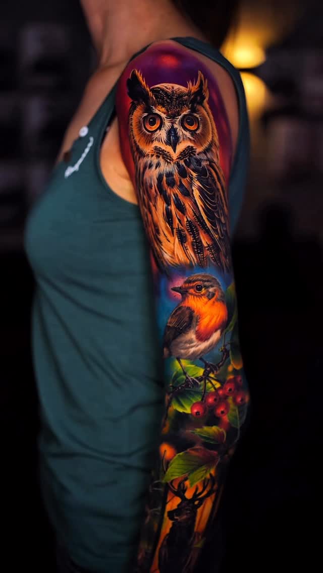 Instagram post by @lebenslaenglichtattoo for World Famous Tattoo Ink. Caption reads: A journey through the wild — instincts, freedom,....