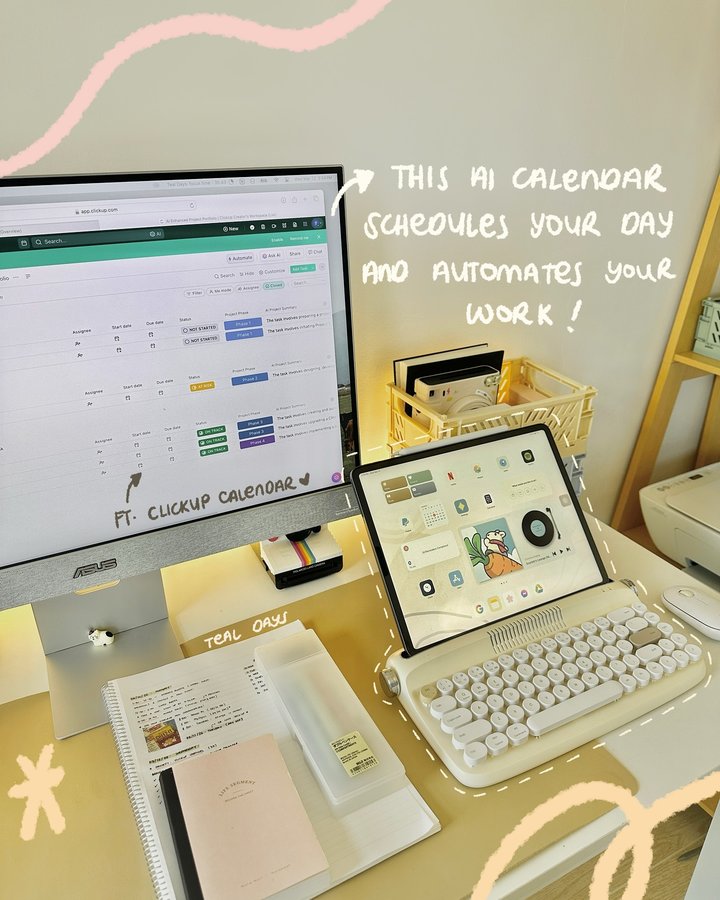 Instagram post by @teal.days for ClickUp. Caption reads: [...] your day for you! ☕️ Introducing @clickup....