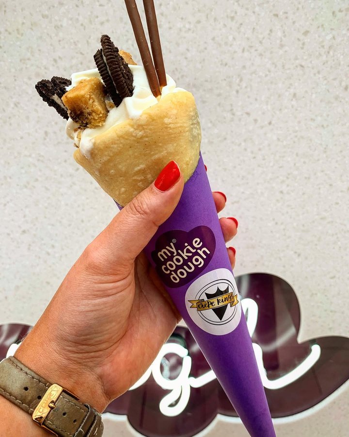 Instagram post by @taste_felicity for mycookiedough. Caption reads: When @mycookiedough meets @crepekings!!! Their....