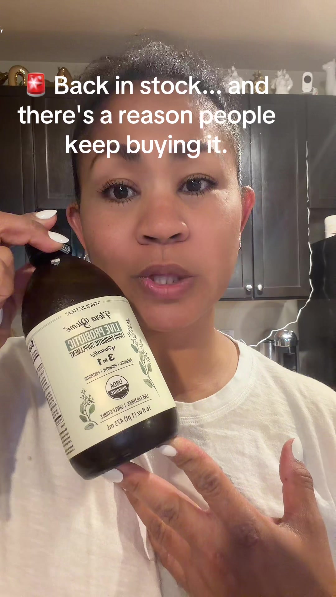 TikTok post by an influencer for Triquetra Health. Caption reads: It's finally back in stock! 🌿 If you've been....