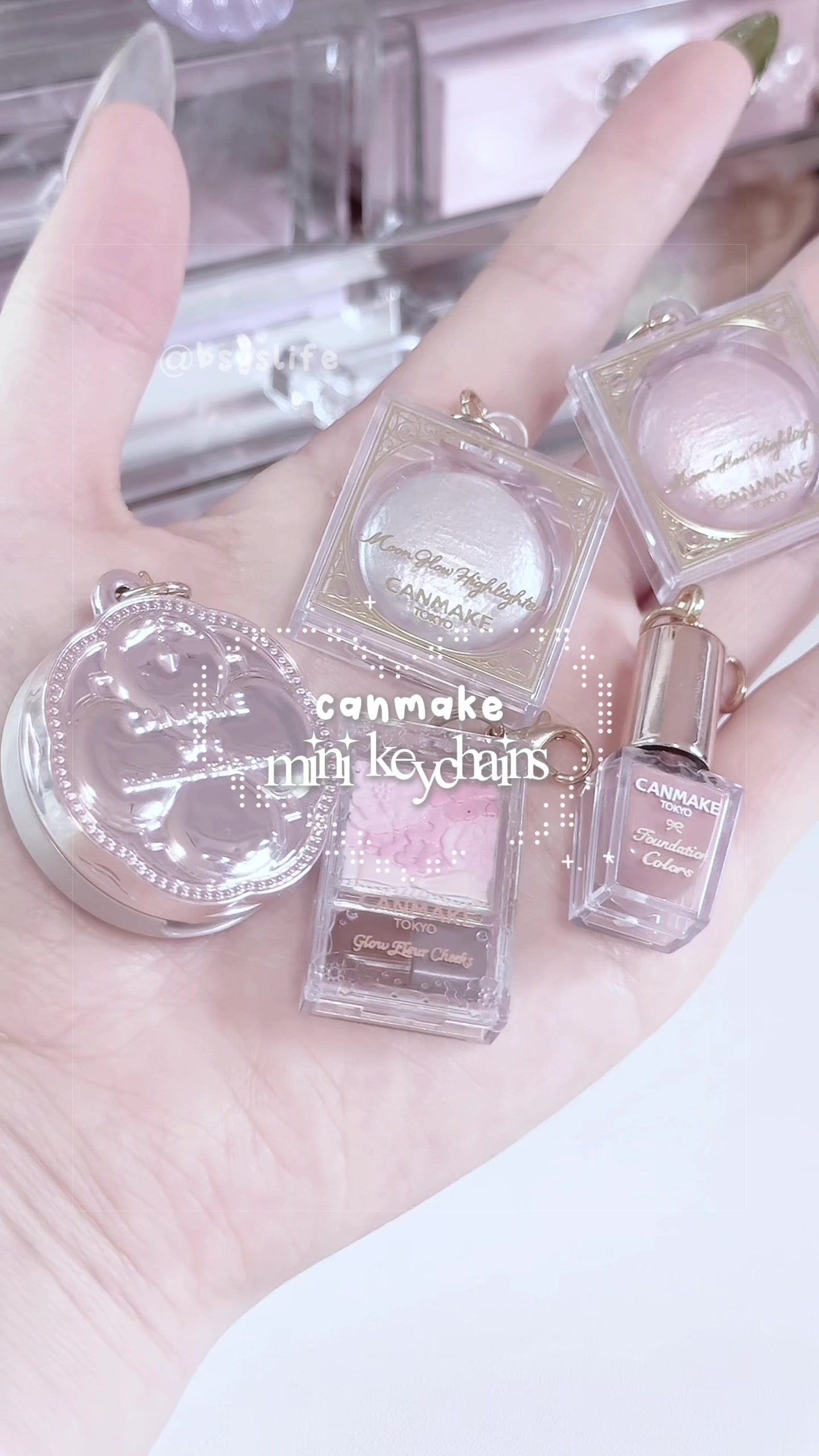 TikTok post by @bsyslife for CANMAKE USA. Caption reads: Canmake mini keychain unboxing! 💗@CANMAKE....