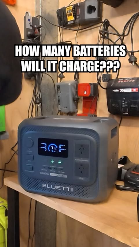 Instagram post by @turfandtools for BLUETTI Official. Caption reads: Seeing how many empty batteries I can charge with....