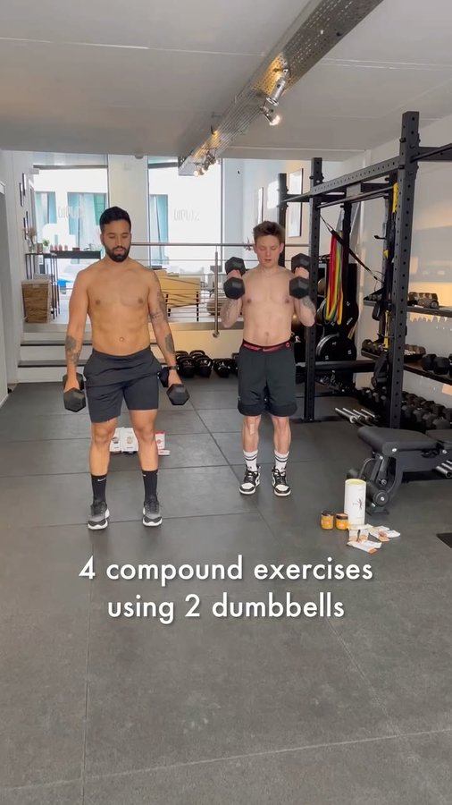 Instagram post by @loic_vanlang for foodspring. Caption reads: 4 great dumbbells compound exercises you need to....