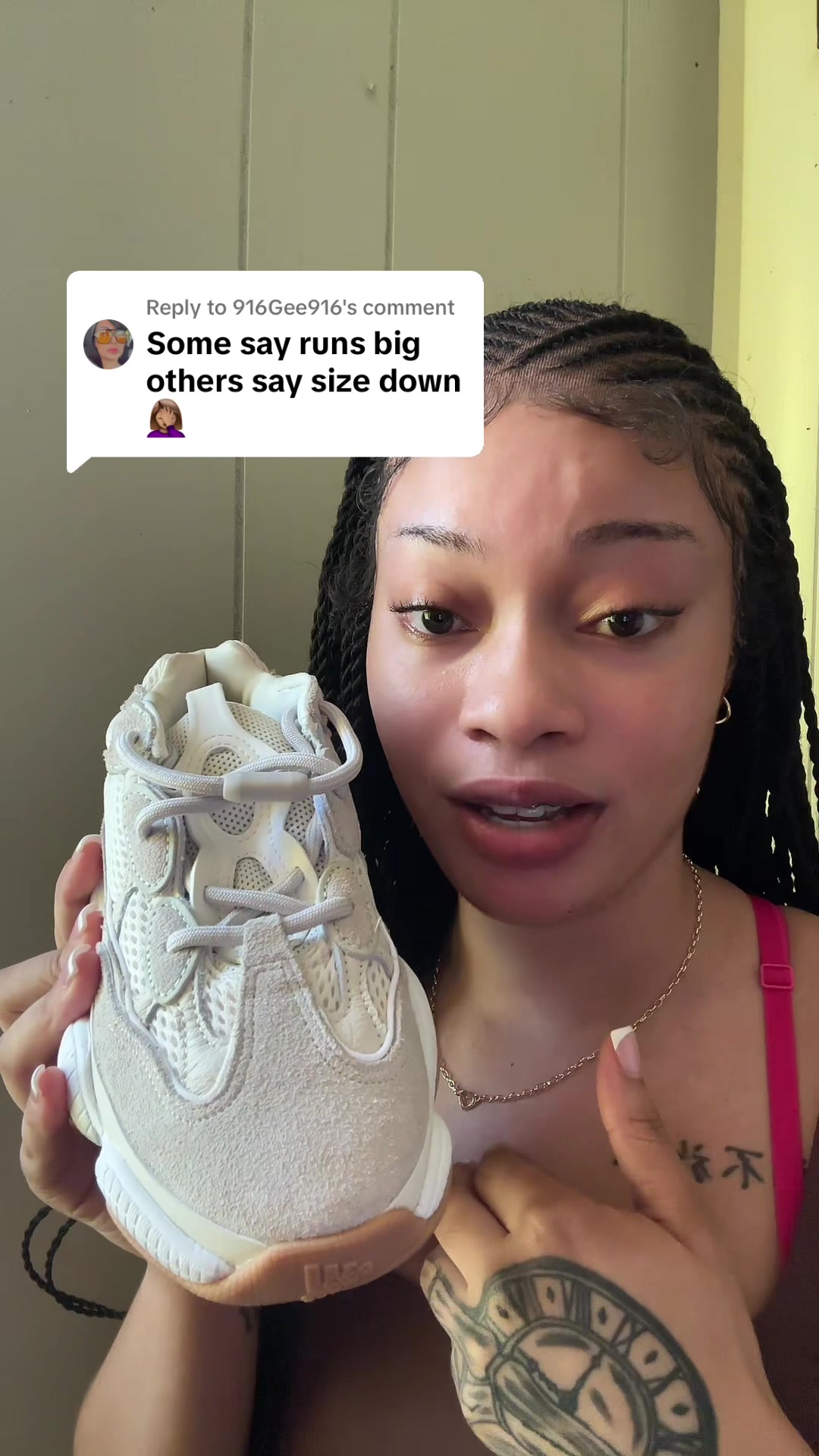 TikTok post by @authentic.kayla for SHOEBACCA.COM. Caption reads: Replying to @916Gee916 #yeezy #fyp #blowthisup....
