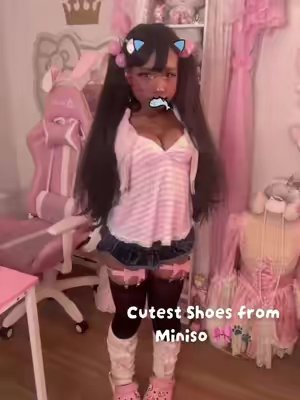 TikTok post by @pinkprotein for MINISO United States. Caption reads: Cutest shoses at @MINISO United States 💗 #fyp....