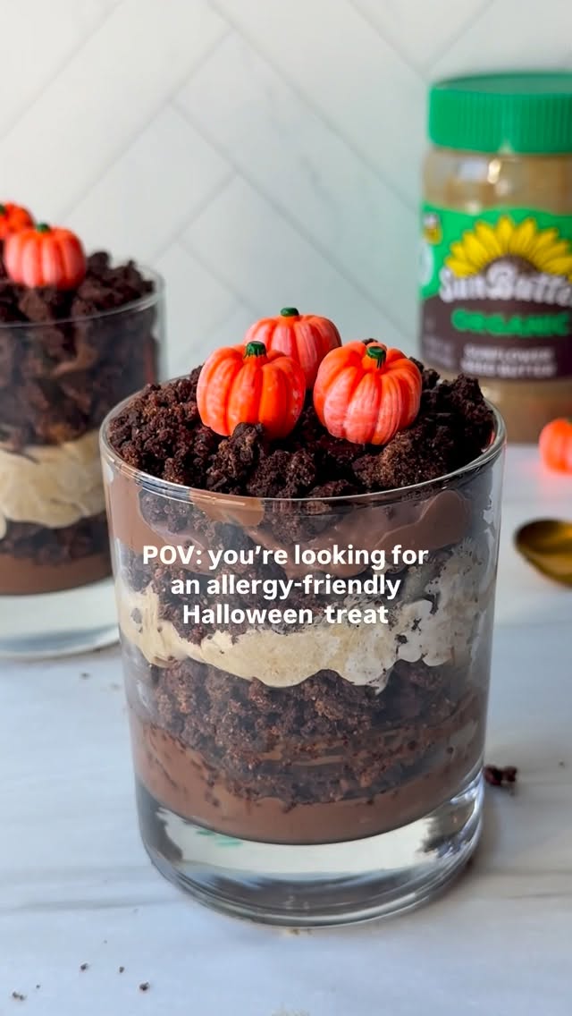 Instagram post by @lesswithlaur for SunButter. Caption reads: These PUMPKIN PATCH DIRT CUPS are an....