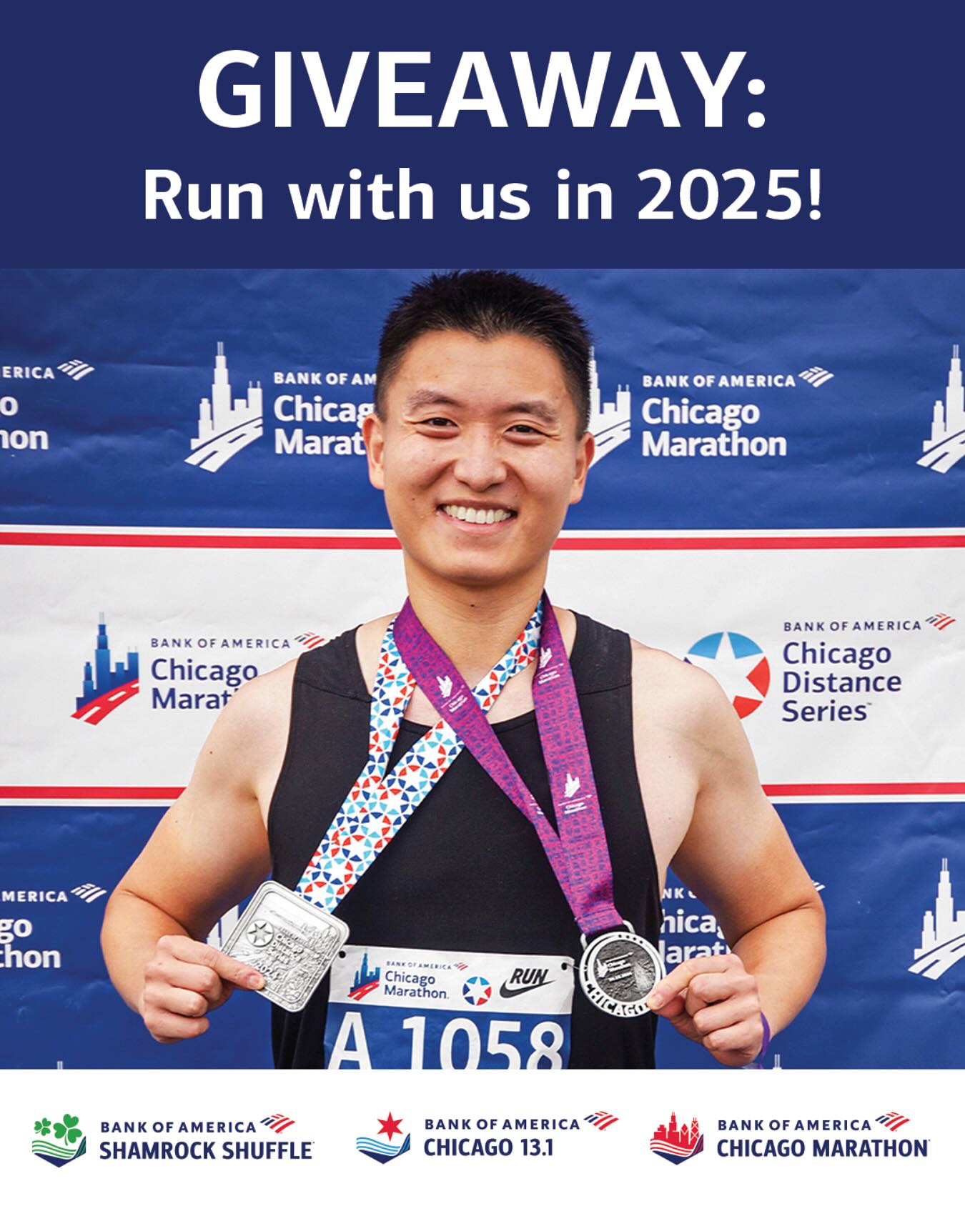 Instagram post by @chidistanceseries for Bank of America. Caption reads: 📣 GIVEAWAY: Run with us in 2025!  

We want to....
