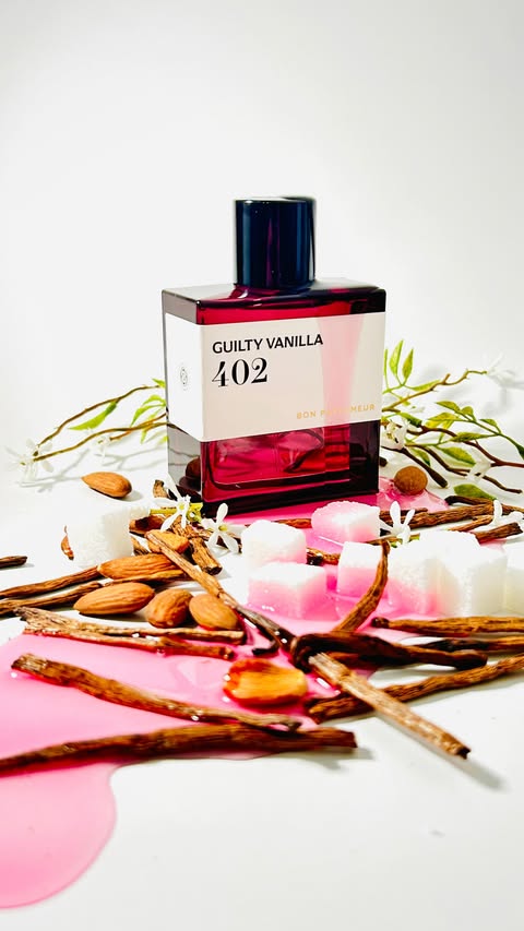 Instagram post by @scent.kyphi for Bon Parfumeur. Caption reads: [...] her! And 402 Guilty Vanilla by @bonparfumeur....