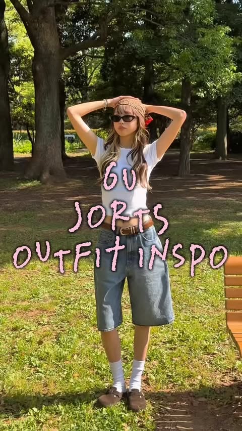 Instagram post by @0ol3_gram for GU. Caption reads: Jorts outfit inspo / @gu_for_all_ 👖💛 ⁡....