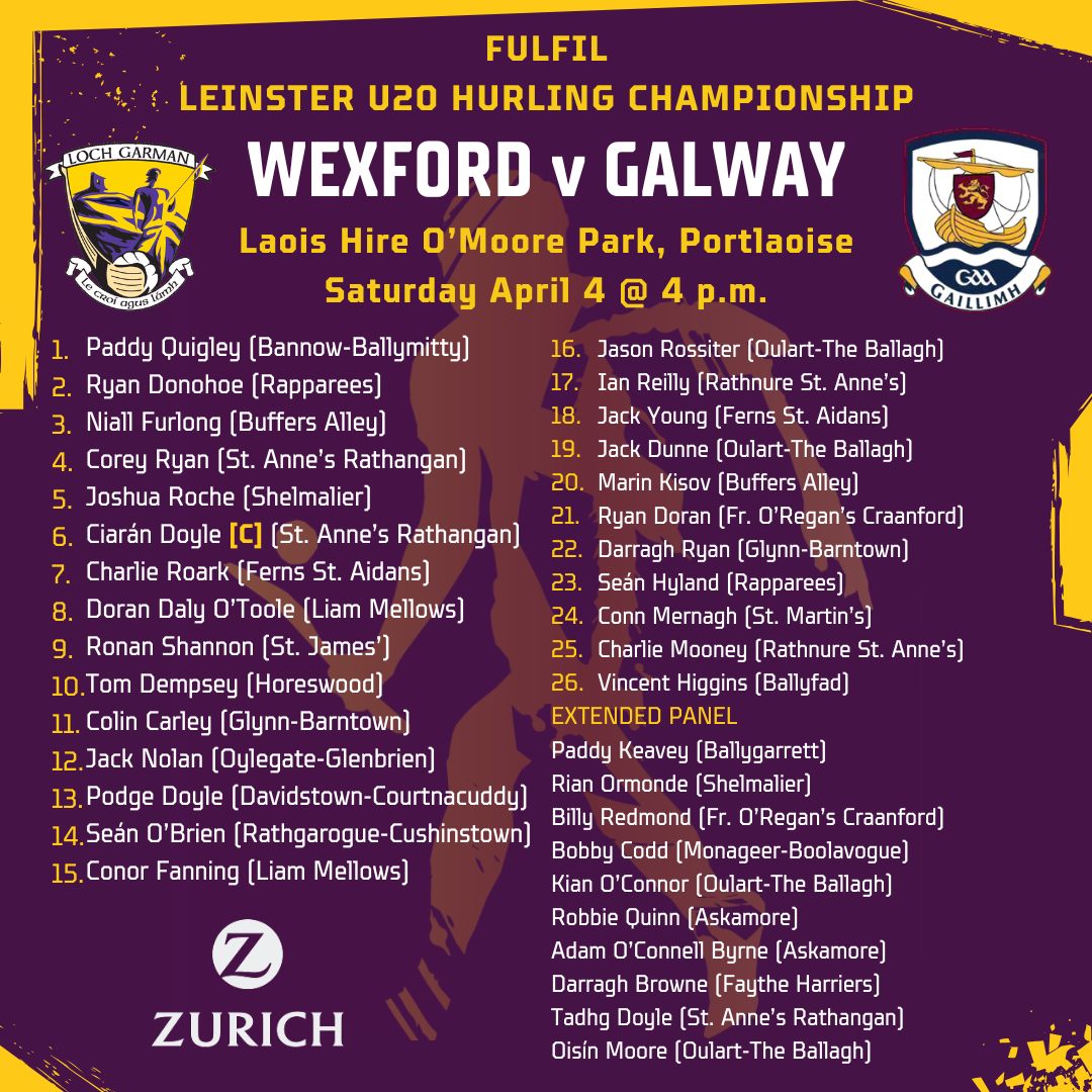 Instagram post by @officialwexgaa for Zurich Insurance. Caption reads: Here's our U20 hurling squad, proudly supported by....