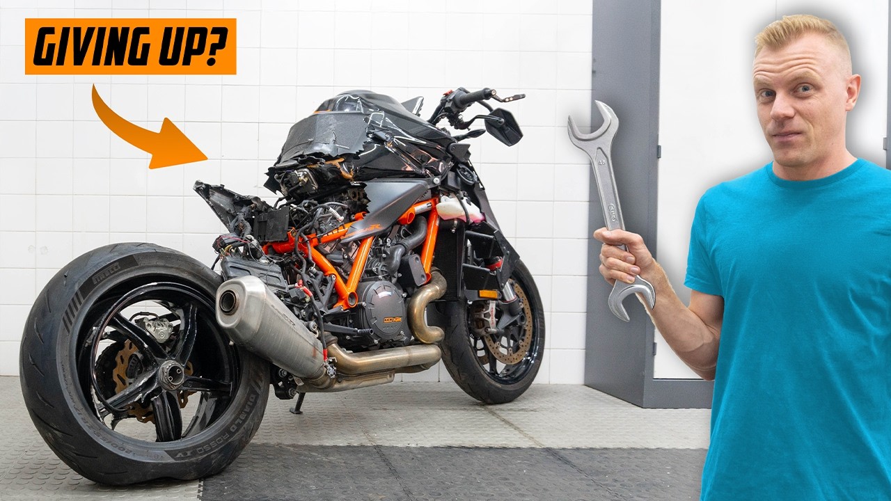 YouTube post by @ChaosCauses for CHIGEE. Caption reads: Rebuild or Part Out? Wrecked KTM Super Duke....