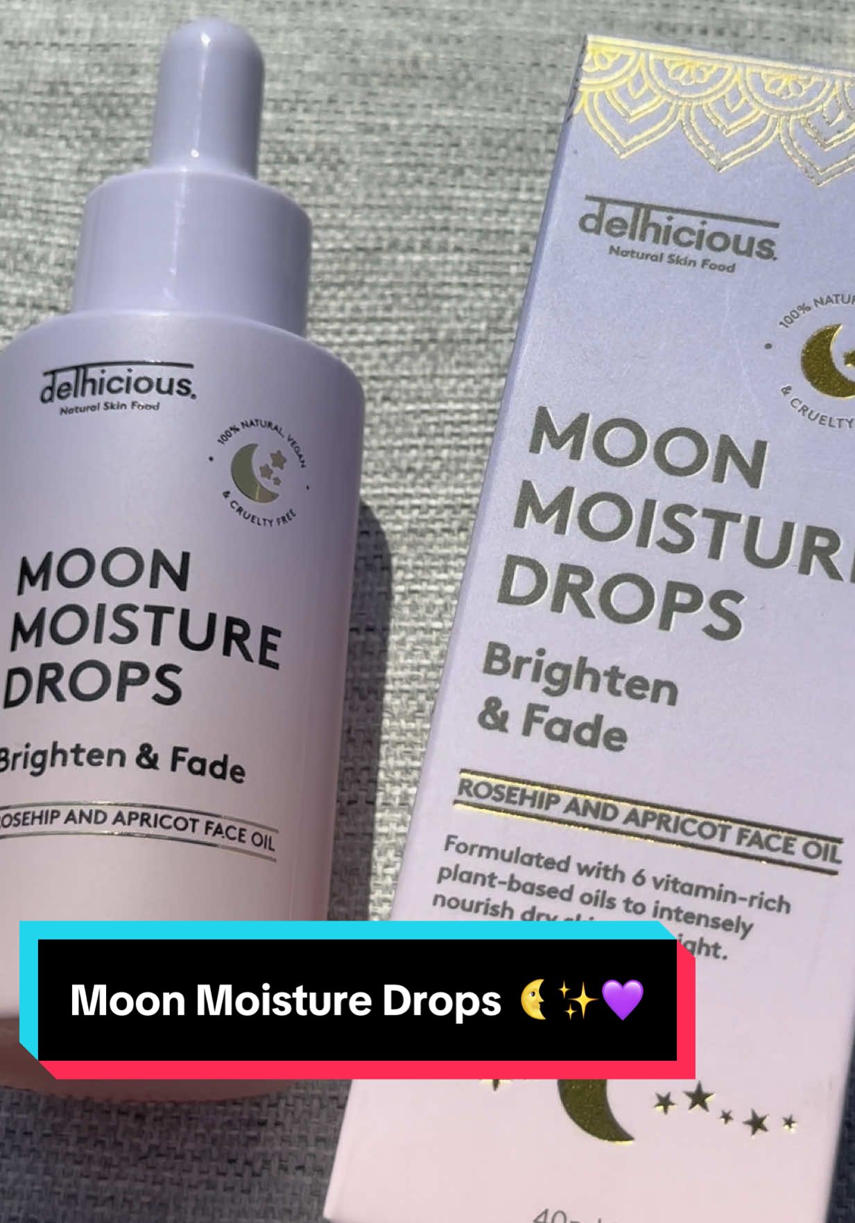 TikTok post by @meghanloganx for Delhicious Body. Caption reads: @Delhicious Moon Moisture Drops 🌜✨💜 #AD #Gifted....