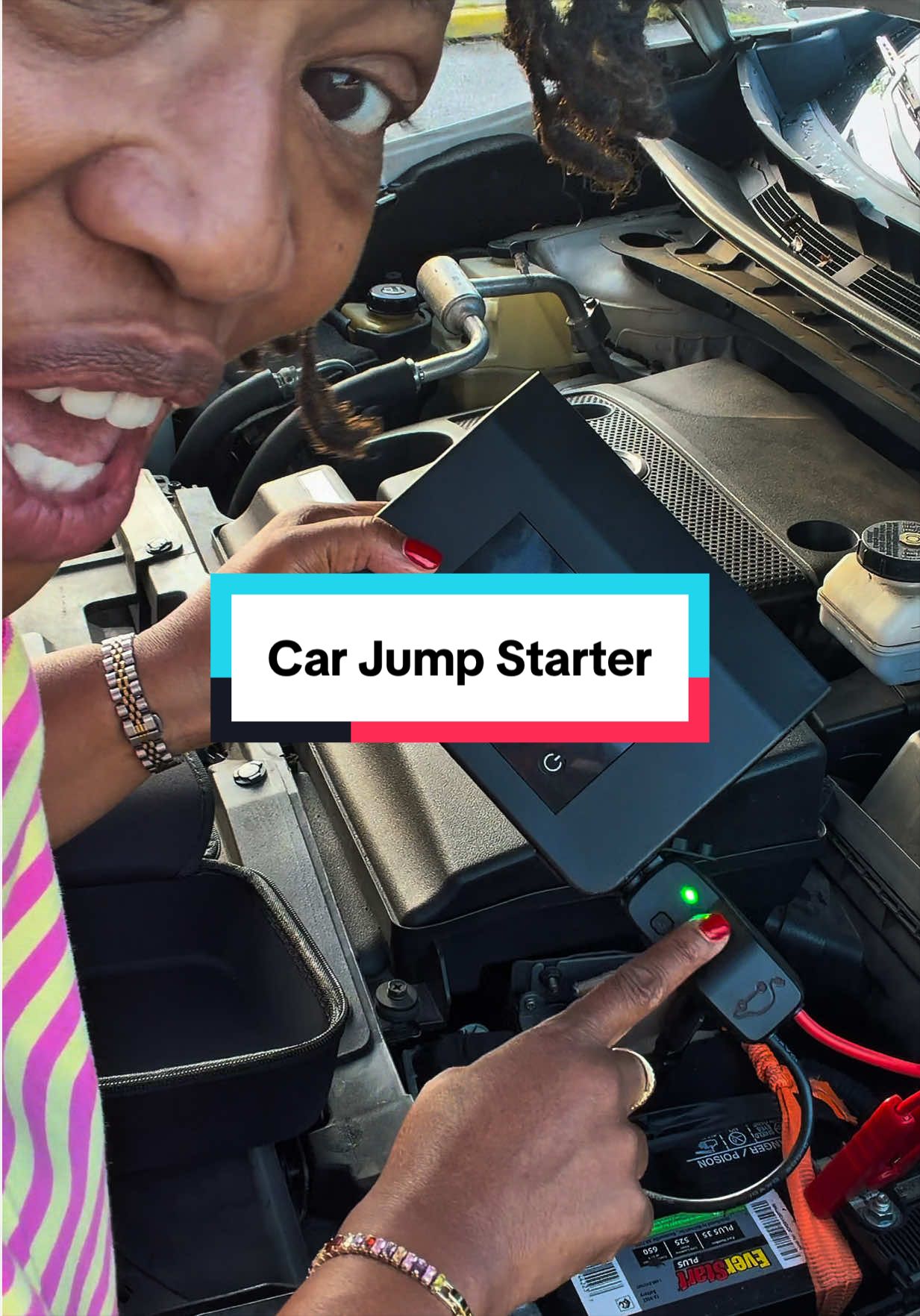 TikTok post by @creatorchristie for Hieha. Caption reads: Car Jump Starter @Hieha Direct #carjumpstarter....