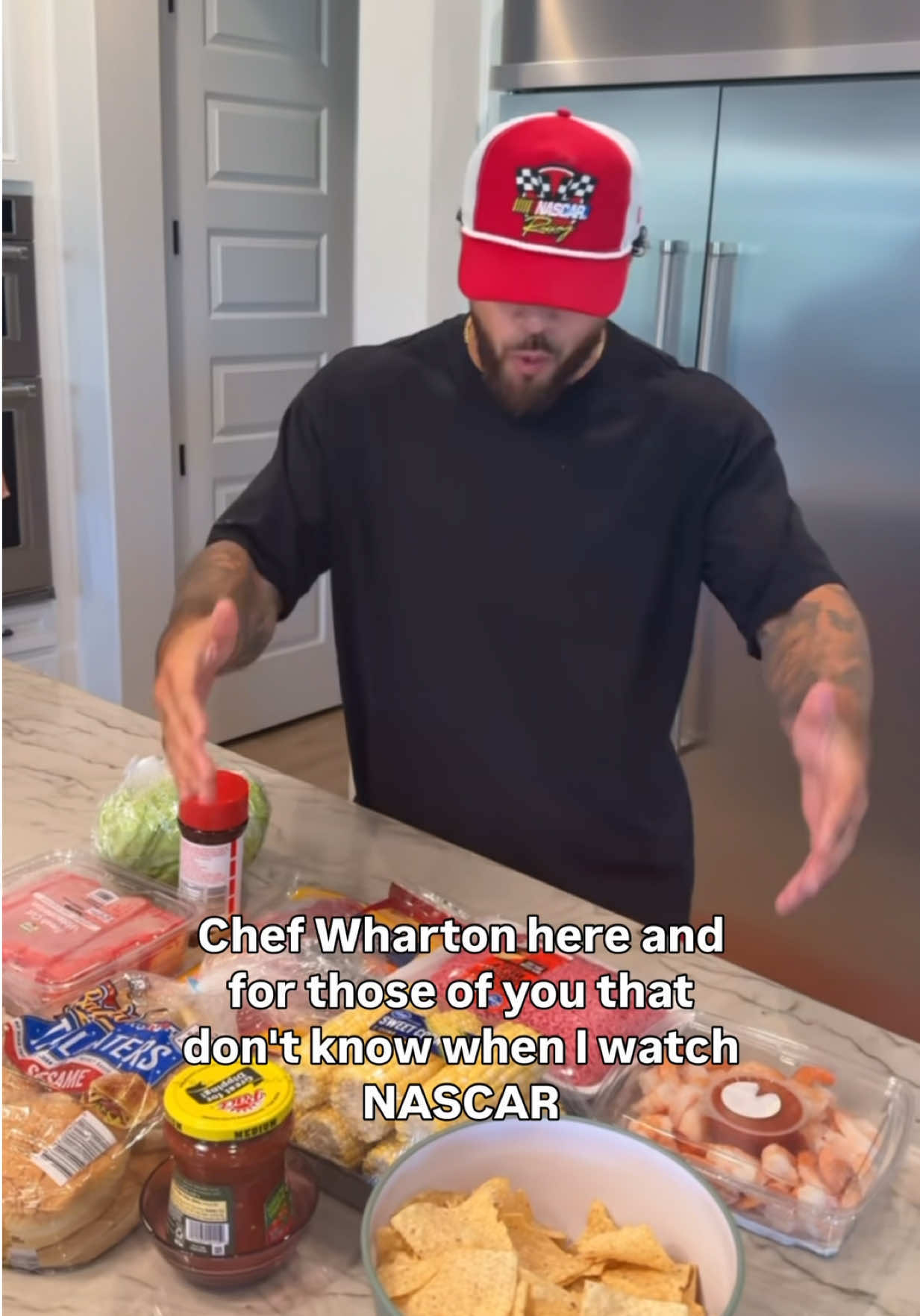 TikTok post by @corywharton_ig for NASCAR. Caption reads: SPECIAL ANNOUNCEMENT 🚨🏁 Race day at the Wharton....