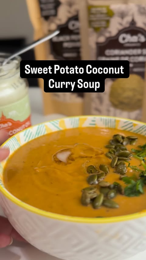 Instagram post by @relishthebite for Cha's Organics. Caption reads: 🥥 Sweet Potato Coconut Curry Soup

One-pot cozy....