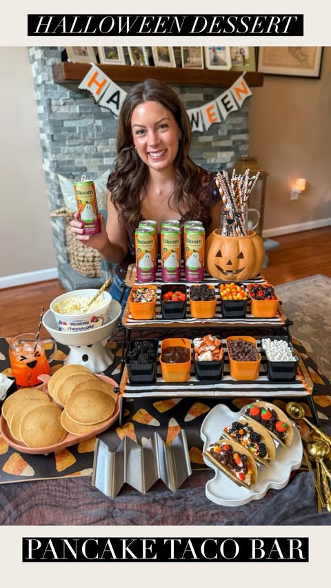 Instagram post by @the_magnolia_mercantile for Bloom Nutrition. Caption reads: Save this Halloween Dessert Taco Bar for a unique....