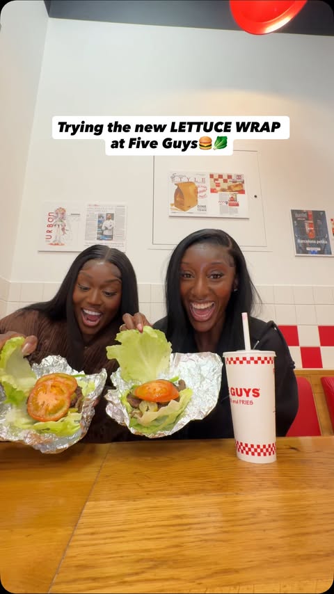 Instagram post by @nataniahinds for Five Guys Burgers & Fries. Caption reads: wait this is such a good idea?!🍔🥬 AD @fiveguysuk....