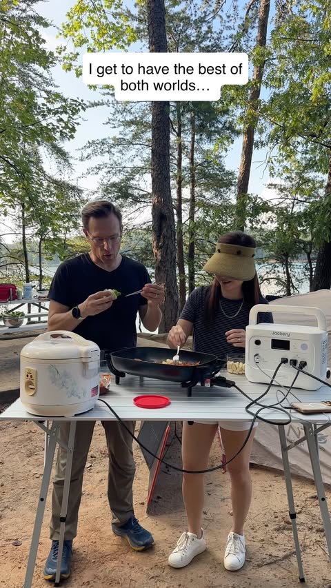 Instagram post by @asianmomwhitedad for Jackery. Caption reads: [...] Her camping essential: 🍚🥩 Good thing....