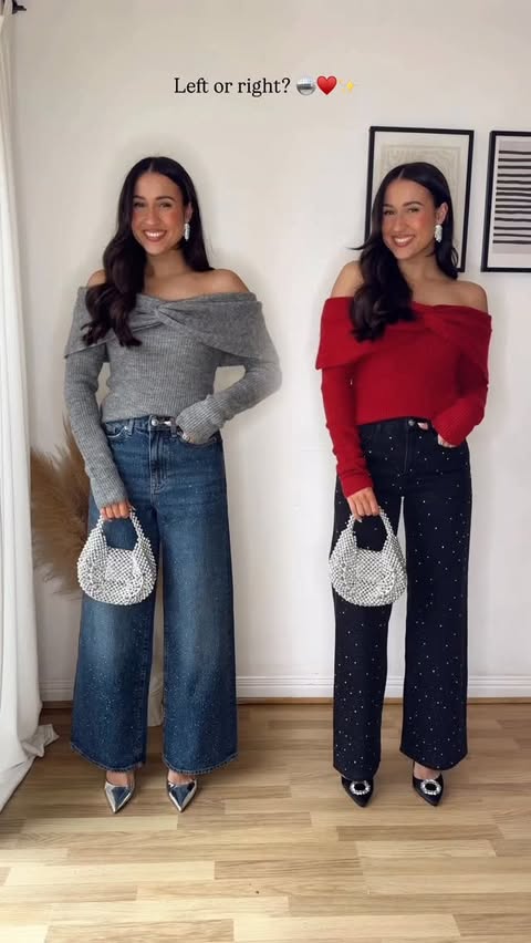 Instagram post by @sophieapps for Pull&Bear. Caption reads: THIS OR THAT?! Sparkle jeans & bow jumper edition....