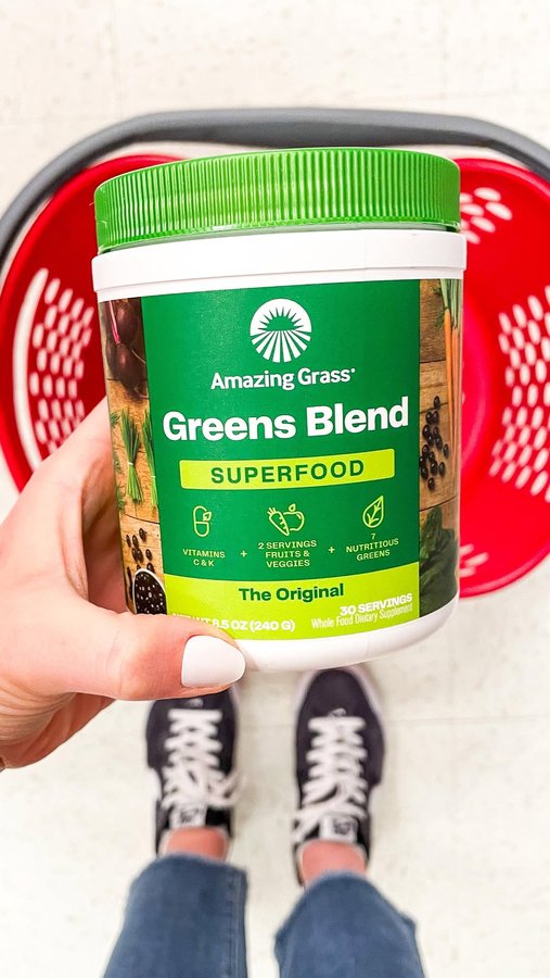 Instagram post by @targettakesmypaycheck for Amazing Grass. Caption reads: [...] with me to Target to stock up on....