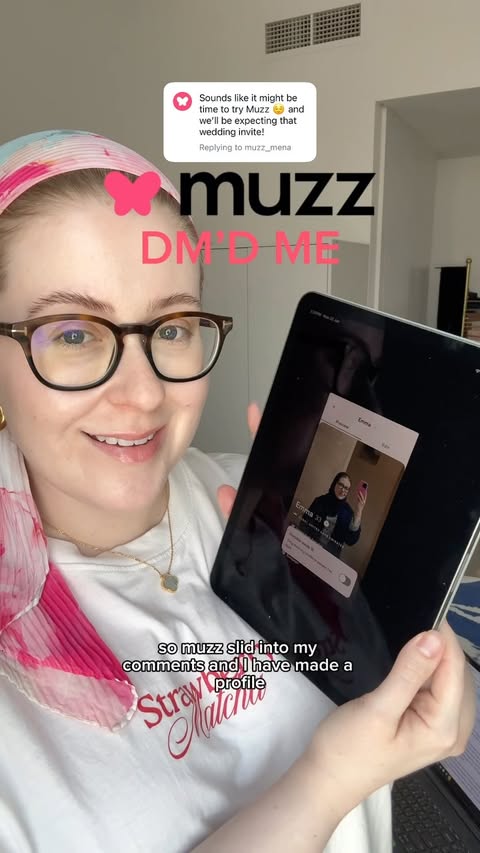 Instagram post by @emmaflicc_ for Muzz. Caption reads: Soooo @muzz_mena slid in to my DMs and comments....